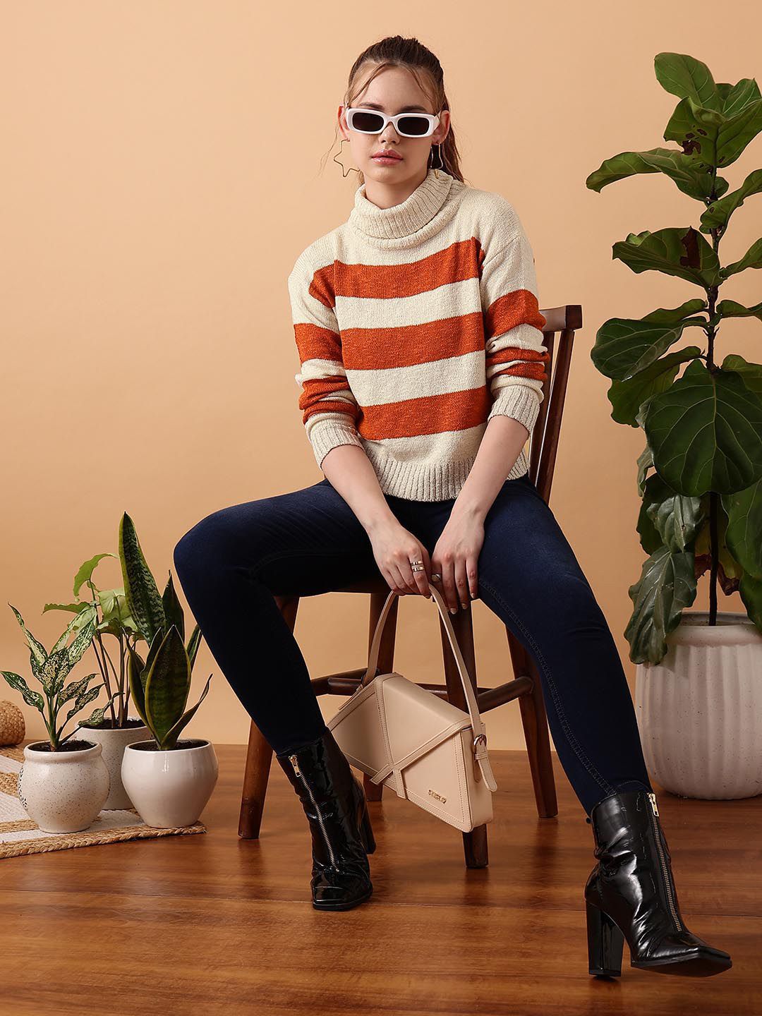 Kotty Women Cotton Striped Turtle Neck Long Sleeves Pullover Sweaters