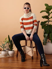 Kotty Women Cotton Striped Turtle Neck Long Sleeves Pullover Sweaters