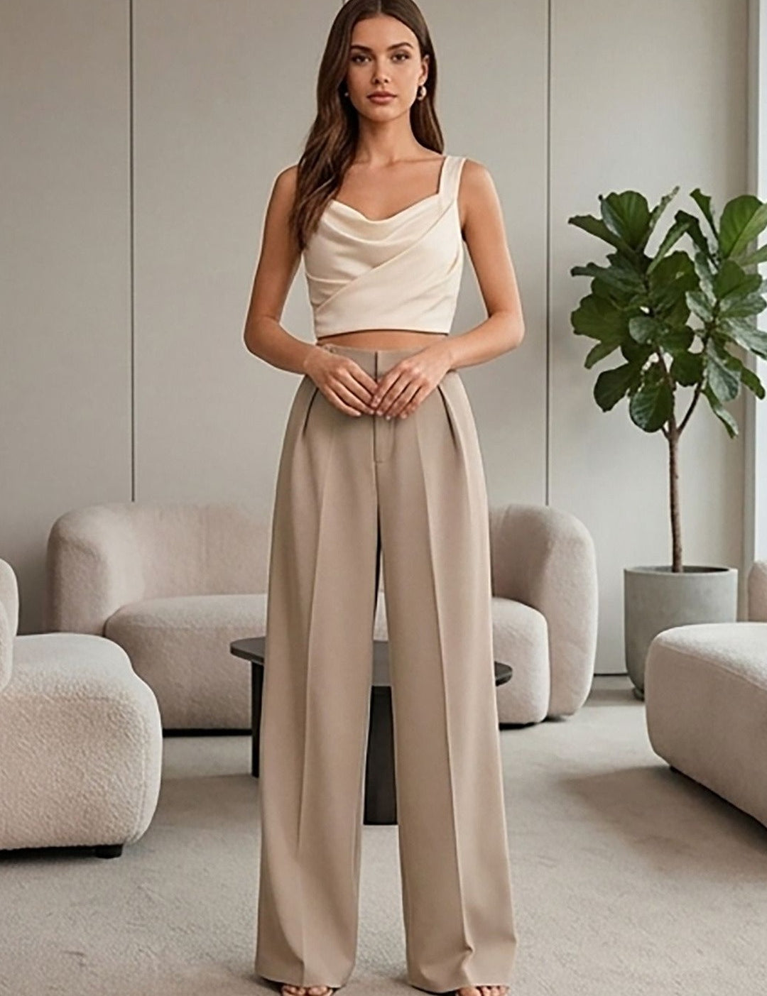 Beige Regular Fit High-Rise Trousers for Women | Kotty