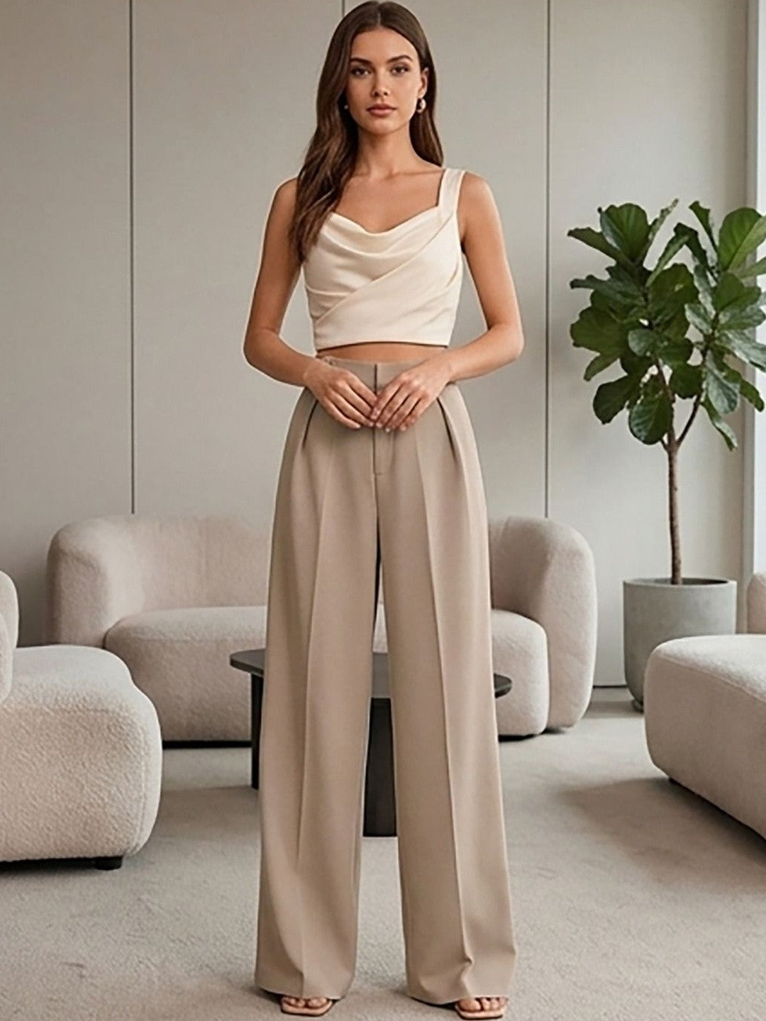 Beige Regular Fit High-Rise Trousers for Women | Kotty