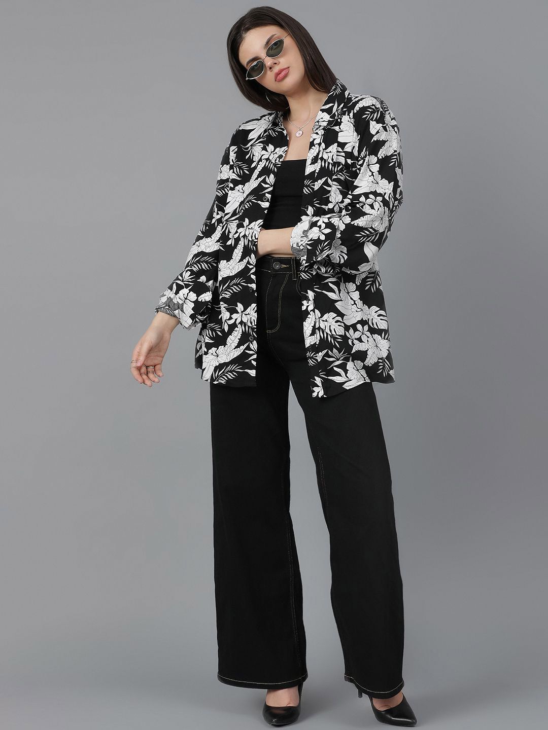 Kotty Women Spread Collar Floral Printed Cotton Oversized Casual Shirt