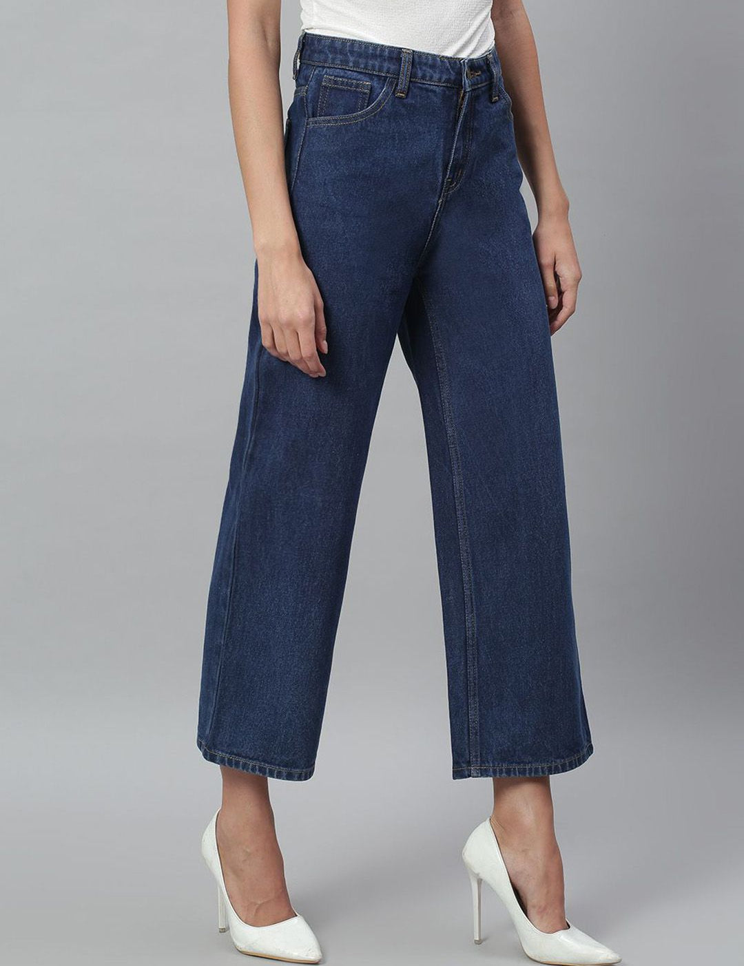 Kotty Women Wide Leg High-Rise Stretchable Cotton Cropped Jeans