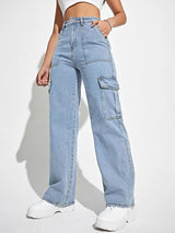 Kotty Women Straight Fit High-Rise Stretchable Cotton Cargo Jeans