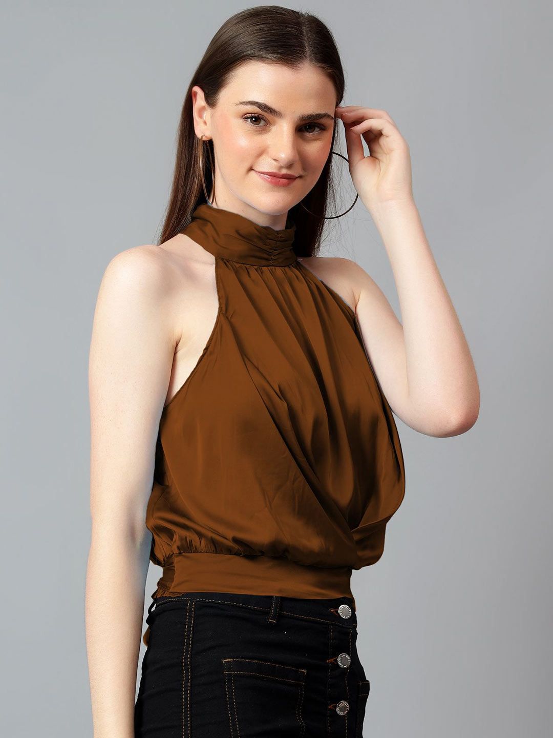 Kotty Women Solid Halter Neck Satin Top