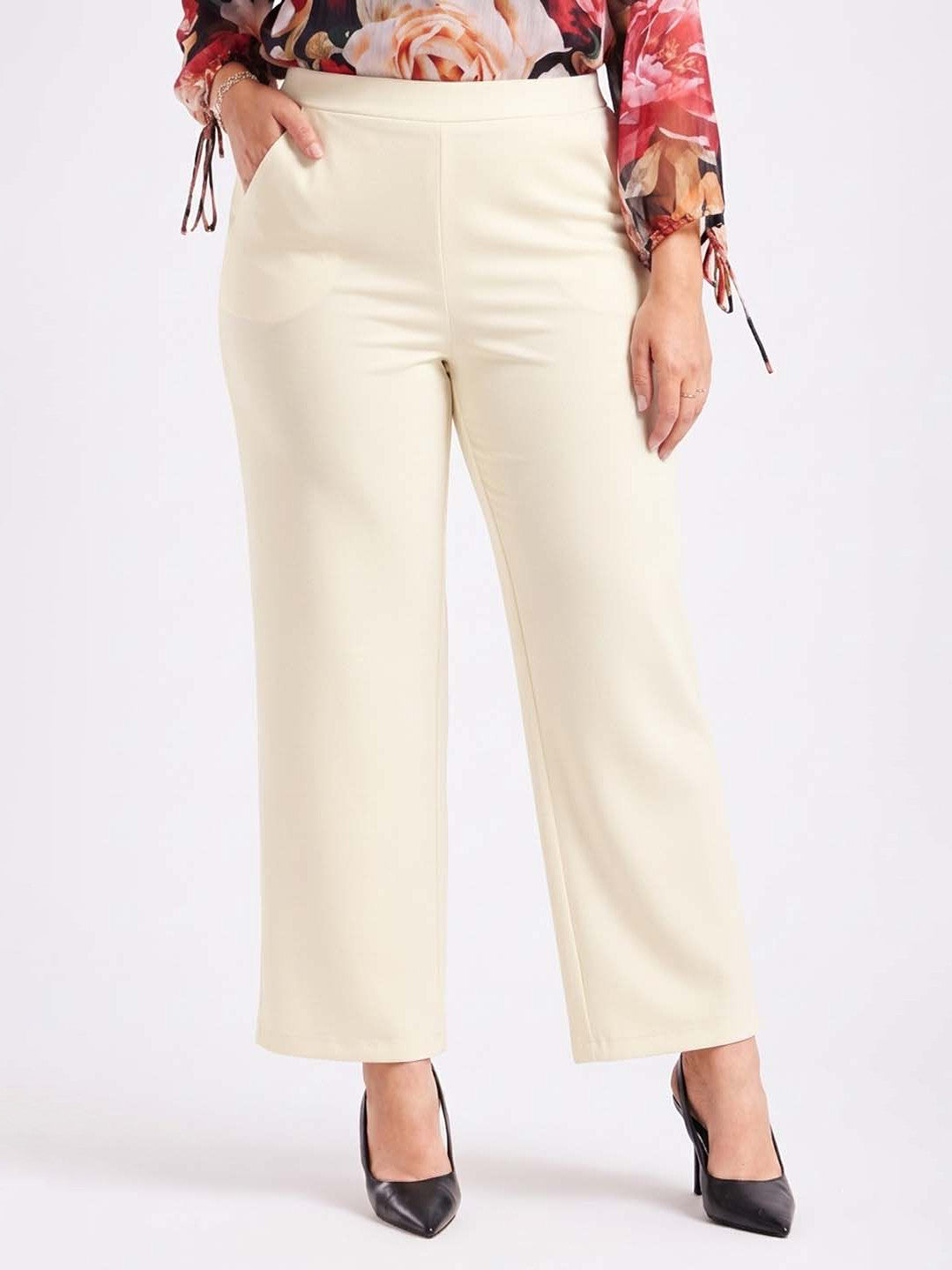 Beige Straight Fit High-Rise Trousers for Women | Kotty