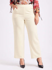 Beige Straight Fit High-Rise Trousers for Women | Kotty