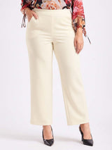 Beige Straight Fit High-Rise Trousers for Women | Kotty