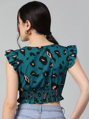 Kotty Floral Print Flutter Sleeve Crepe Crop Top