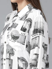 Kotty Women Spread Collar Conversational Printed Cotton Oversized Casual Shirt