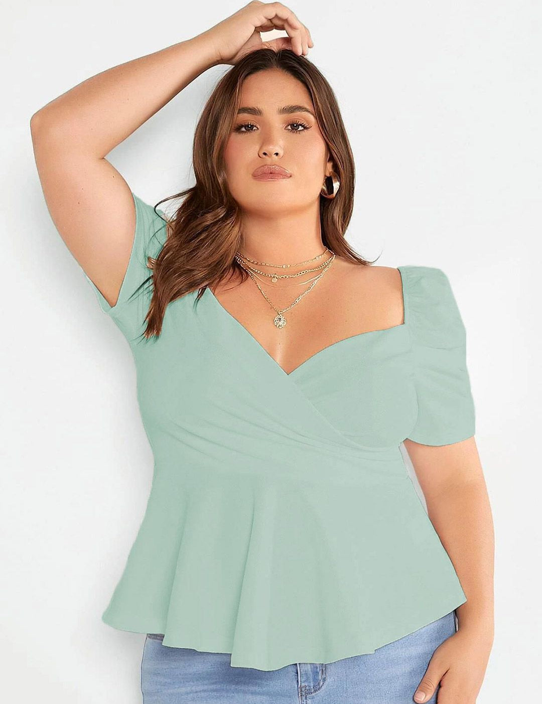 KOTTY Sweetheart Neck Puff Sleeve Peplum Top