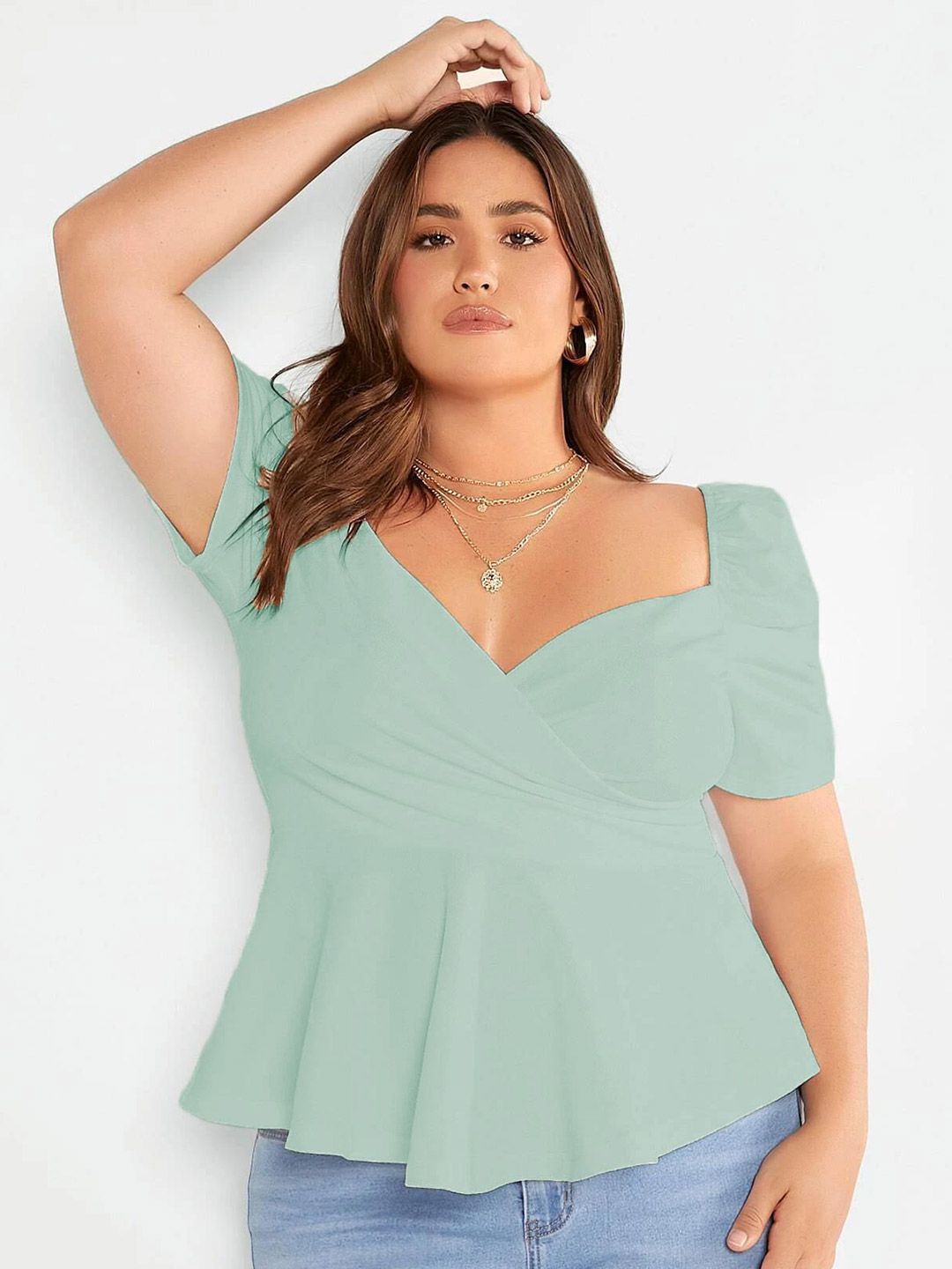 KOTTY Sweetheart Neck Puff Sleeve Peplum Top