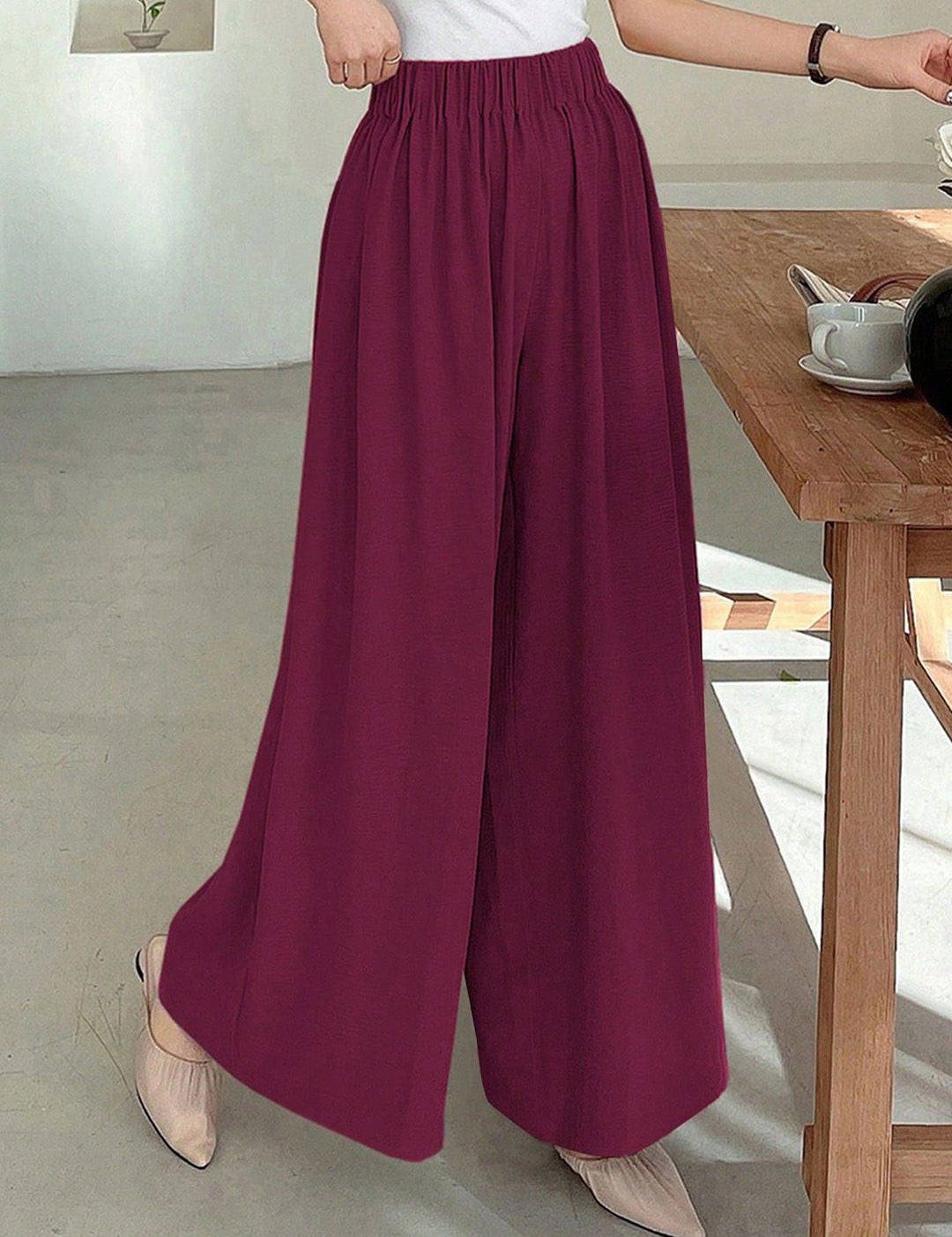 Kotty Women Relaxed Straight Leg Wide Leg High-Rise Wrinkle Free Trousers