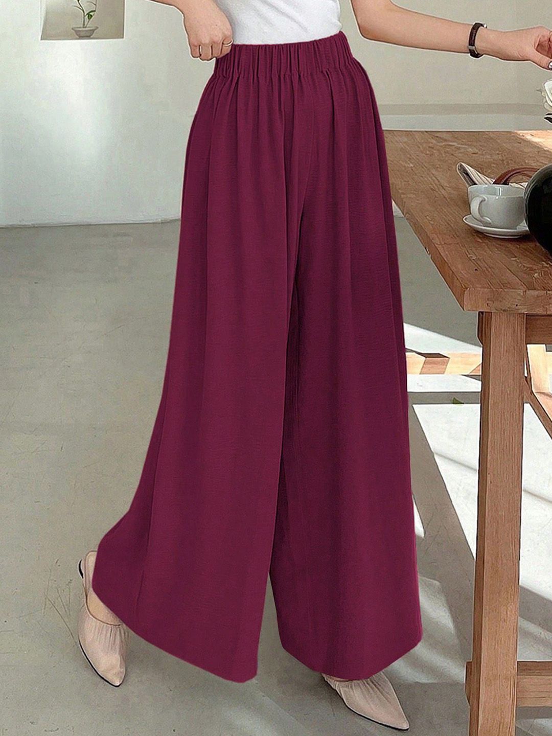 Kotty Women Relaxed Straight Leg Wide Leg High-Rise Wrinkle Free Trousers