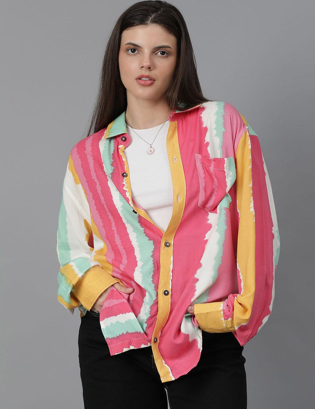 Kotty Women Spread Collar Dyed Cotton Oversized Casual Shirt