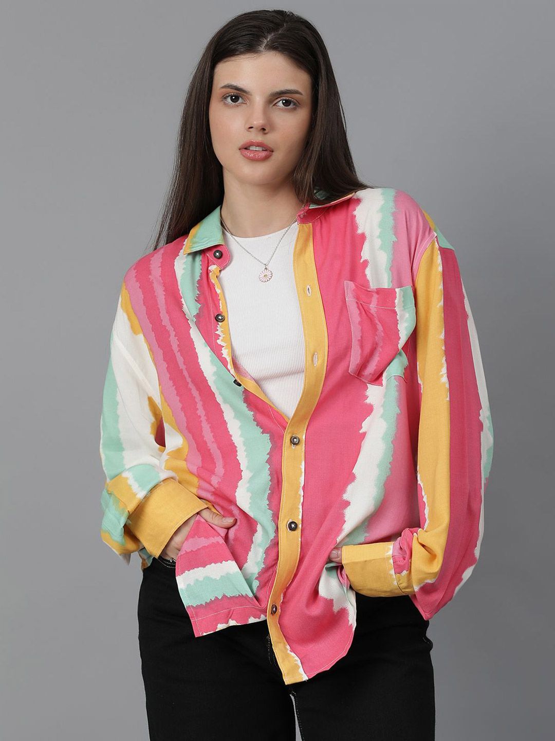 Kotty Women Spread Collar Dyed Cotton Oversized Casual Shirt