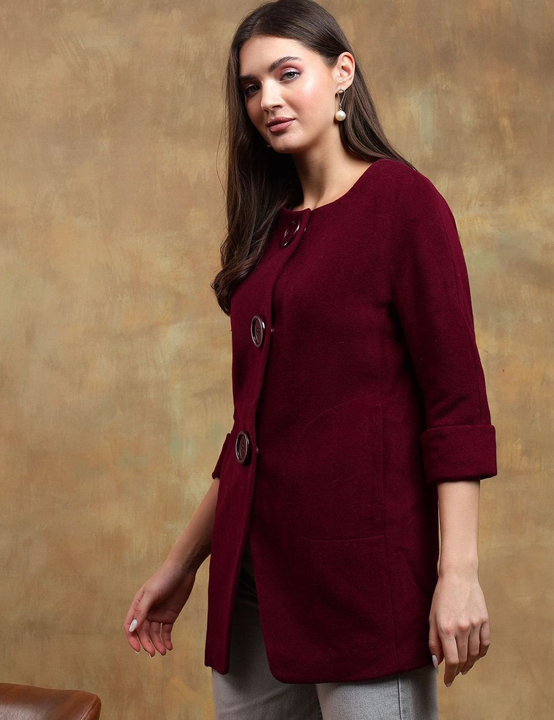 Kotty Women Solid Overcoat with Mock Button