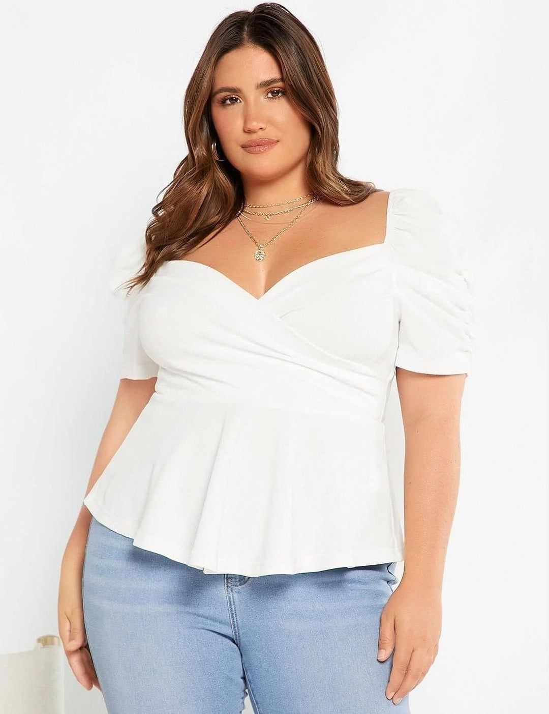 KOTTY Women Plus Size Sweetheart Neck Puff Sleeve Peplum Top