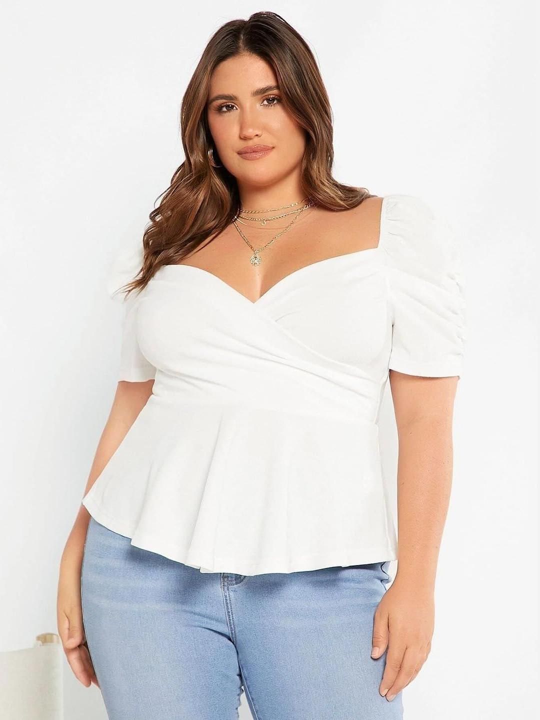 KOTTY Women Plus Size Sweetheart Neck Puff Sleeve Peplum Top