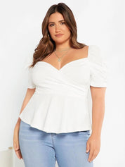 KOTTY Women Plus Size Sweetheart Neck Puff Sleeve Peplum Top