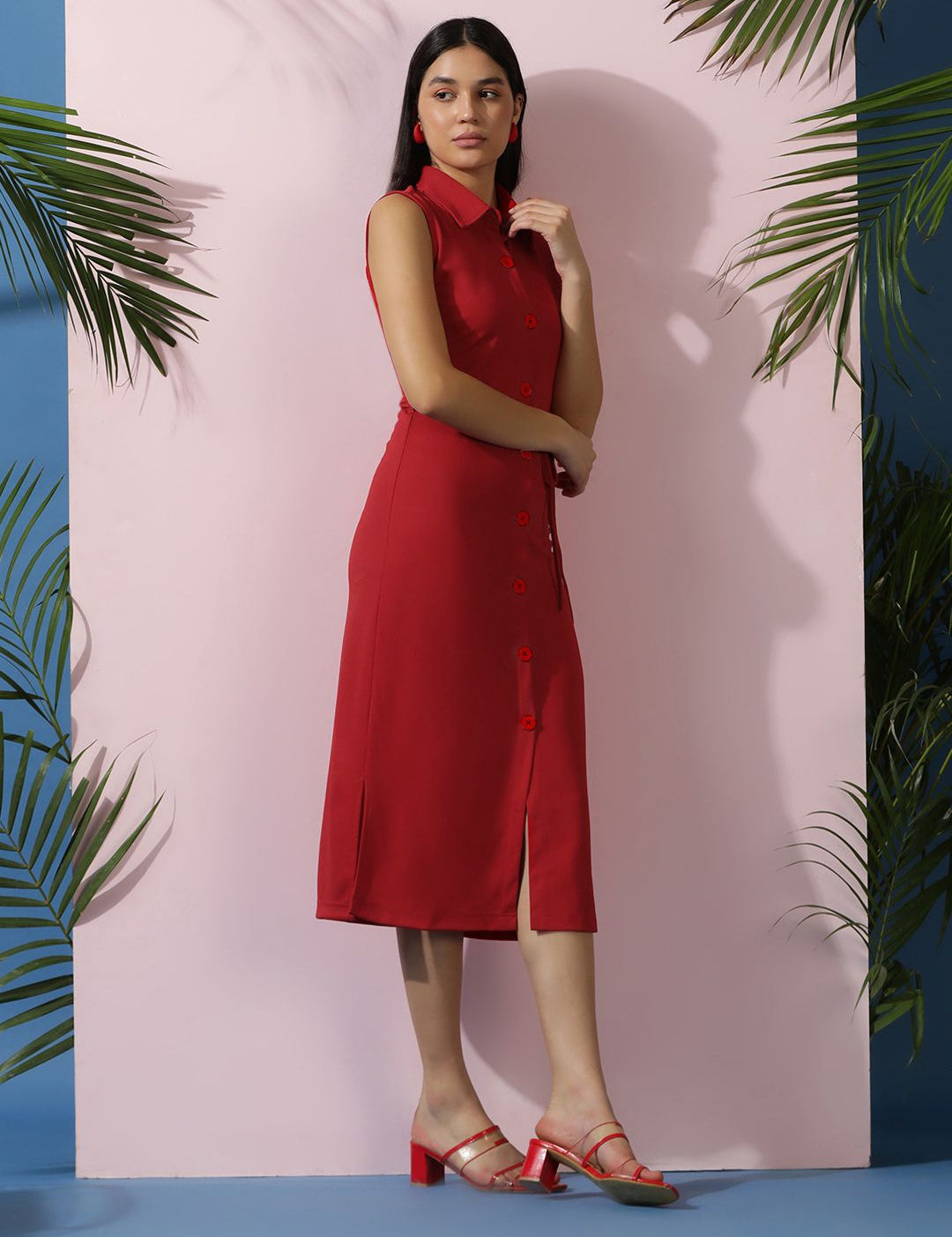 Kotty Women Solid Shirt Collar Sleeveless A-Line Dress