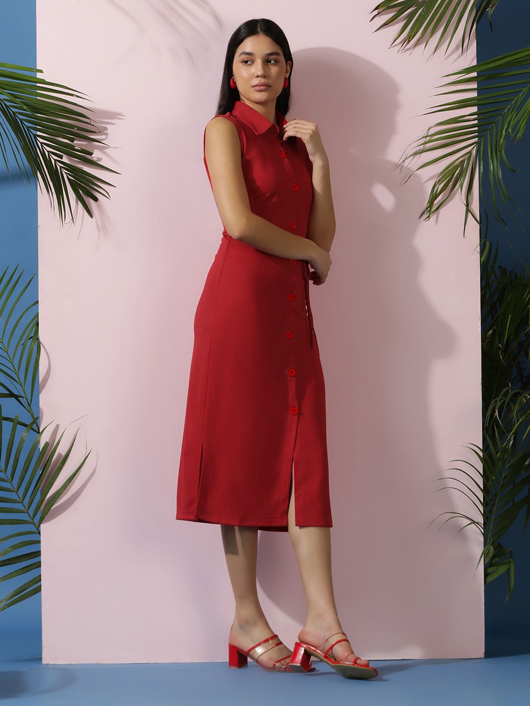 Kotty Women Solid Shirt Collar Sleeveless A-Line Dress