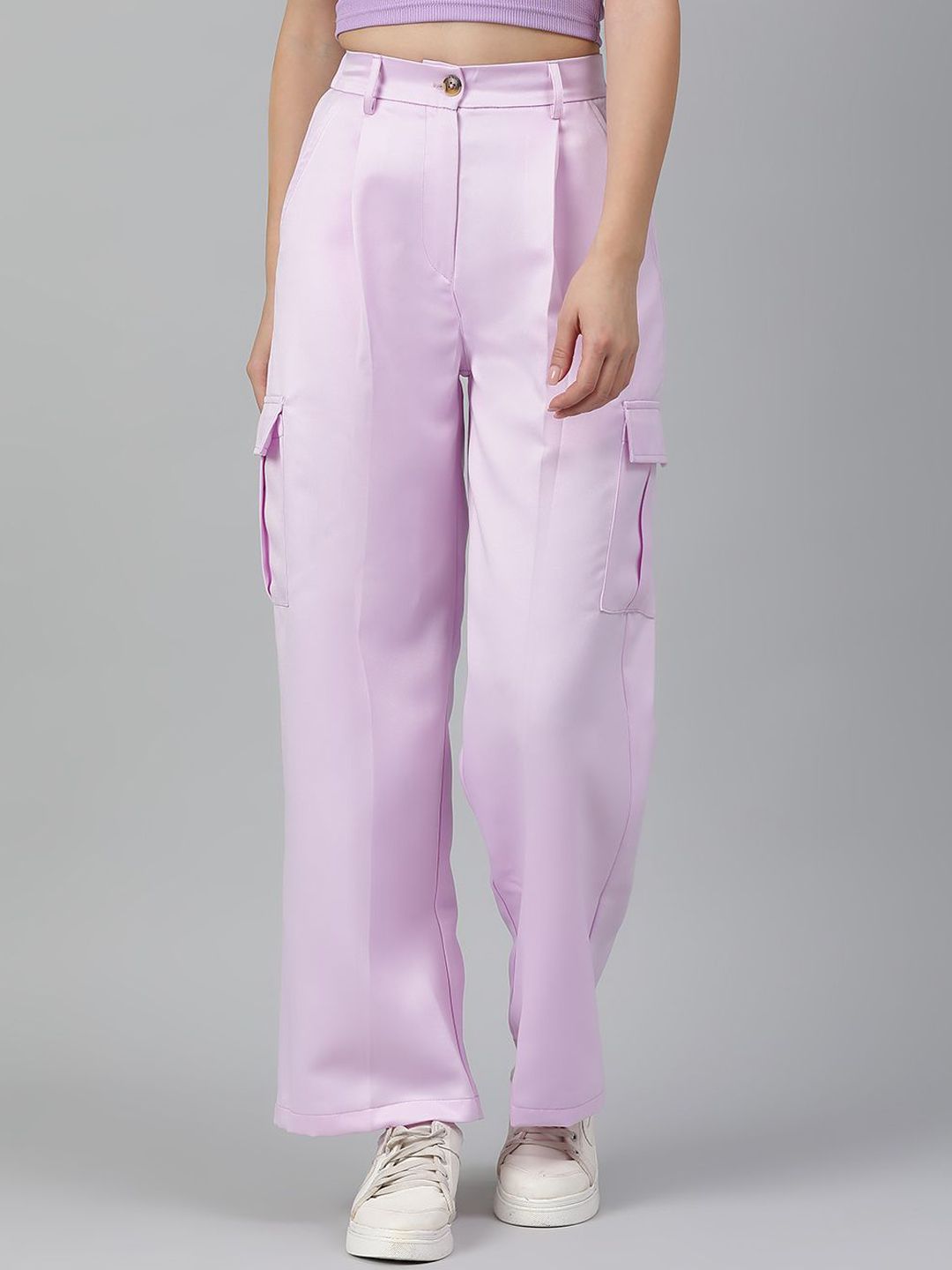 Kotty Women Relaxed Straight Leg Straight Fit High-Rise Easy Wash Cargos Trousers