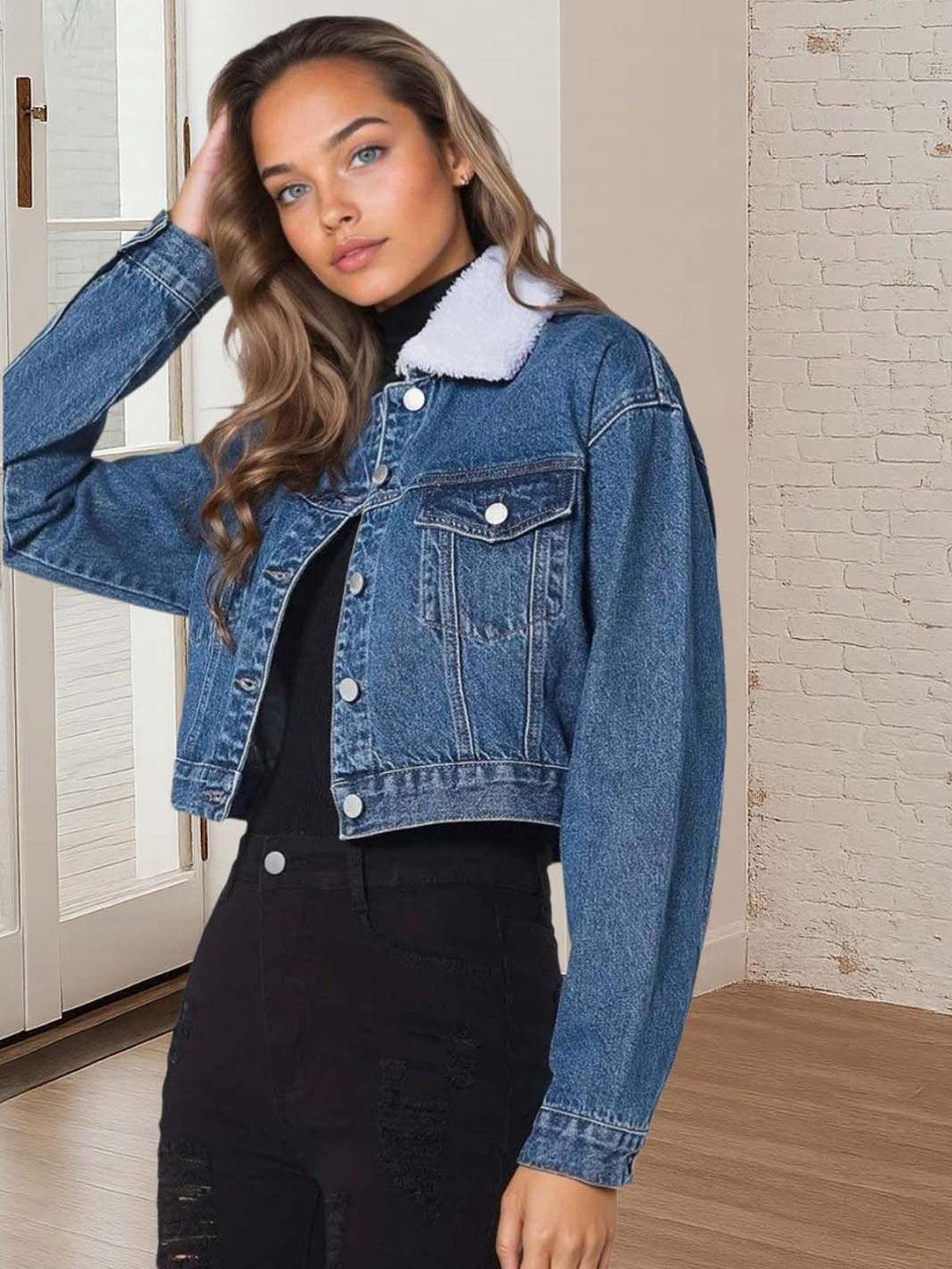 Kotty Women Spread Collar Solid Denim Jacket