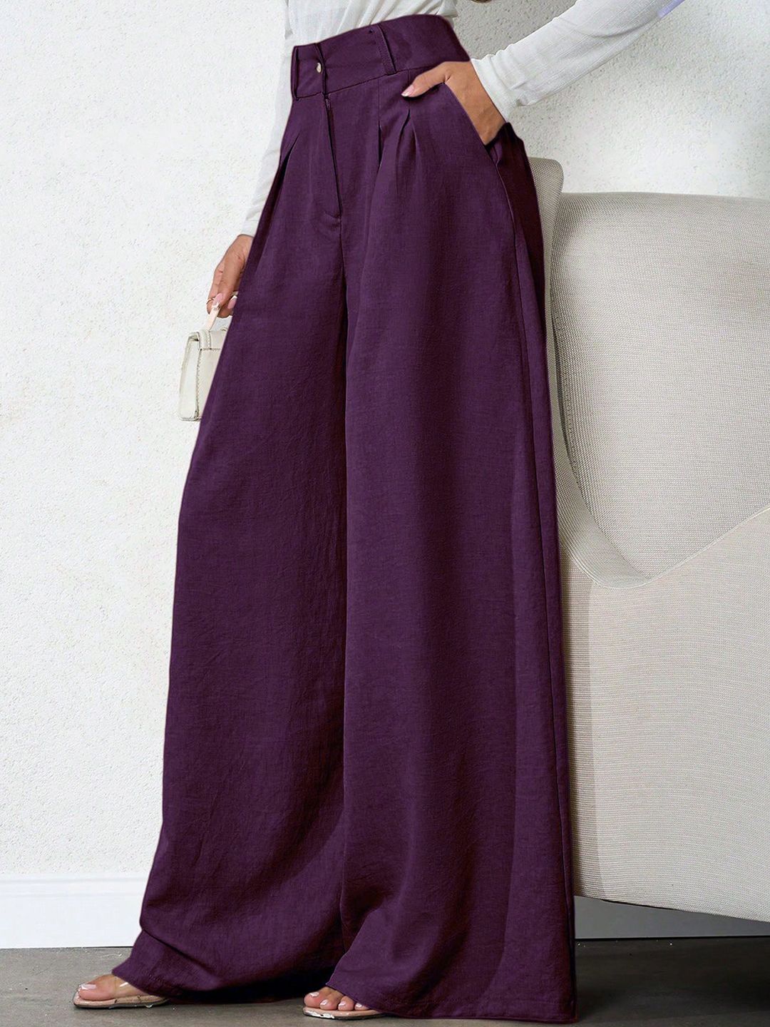 Kotty Women Relaxed Straight Leg Loose Fit High-Rise Wrinkle Free Trousers