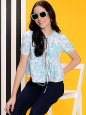 Kotty Women Floral Print Tie-Up Neck Crop Top