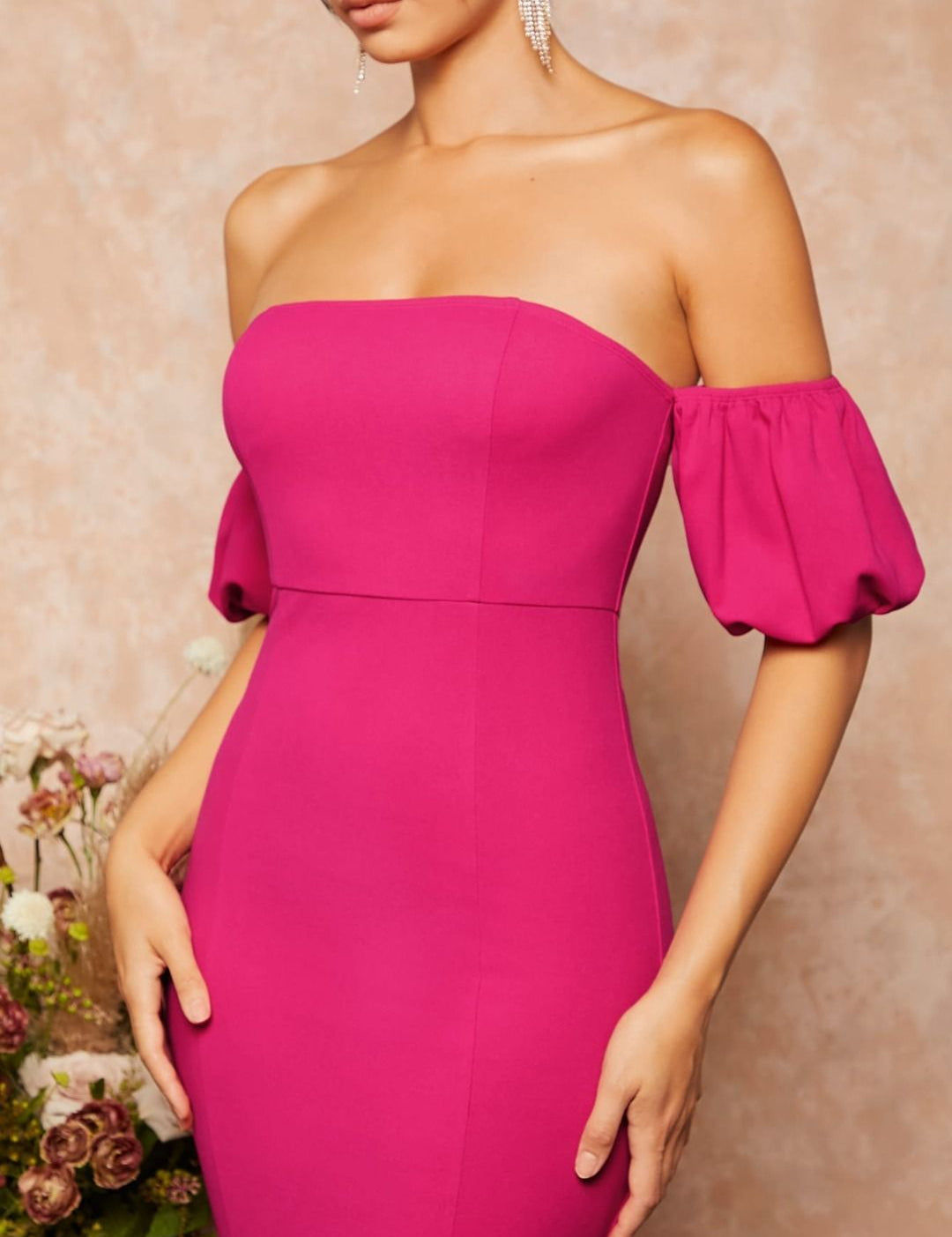 Kotty Women Off-Shoulder Puff Sleeve Bodycon Midi Dress