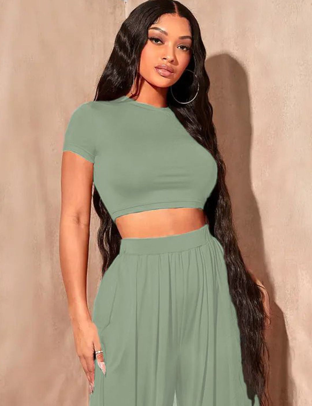 Kotty Round Neck Crop Top With Wide-Leg Trousers Co-Ords