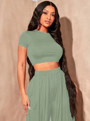 Kotty Round Neck Crop Top With Wide-Leg Trousers Co-Ords