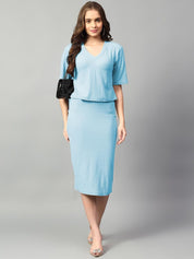 Kotty Blue V-Neck Short Sleeves Top With Skirt 