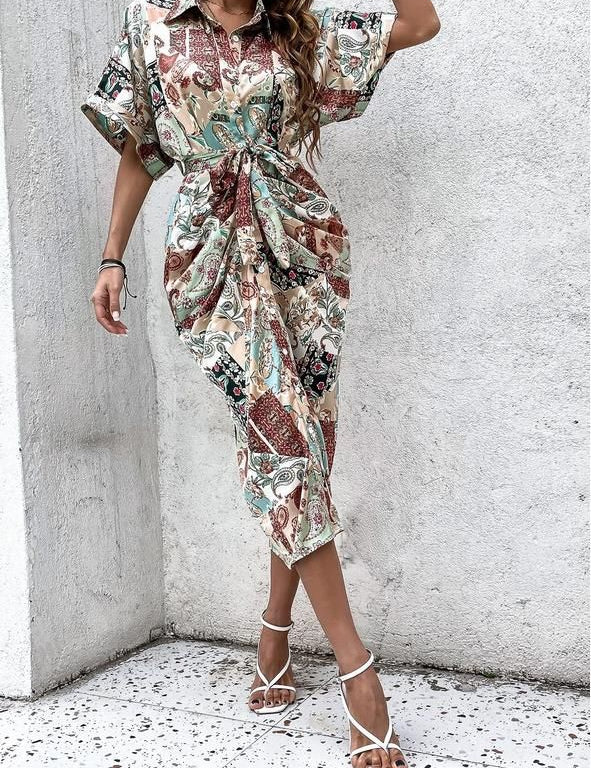 Kotty Women Floral Print Flutter Sleeve Satin Shirt Midi Dress