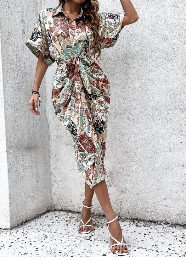 Kotty Women Floral Print Flutter Sleeve Satin Shirt Midi Dress