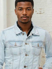 Kotty Men Spread Collar Solid Denim Jacket