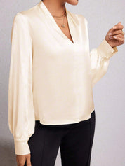Kotty V-Neck Cuffed Sleeves Satin Casual Top