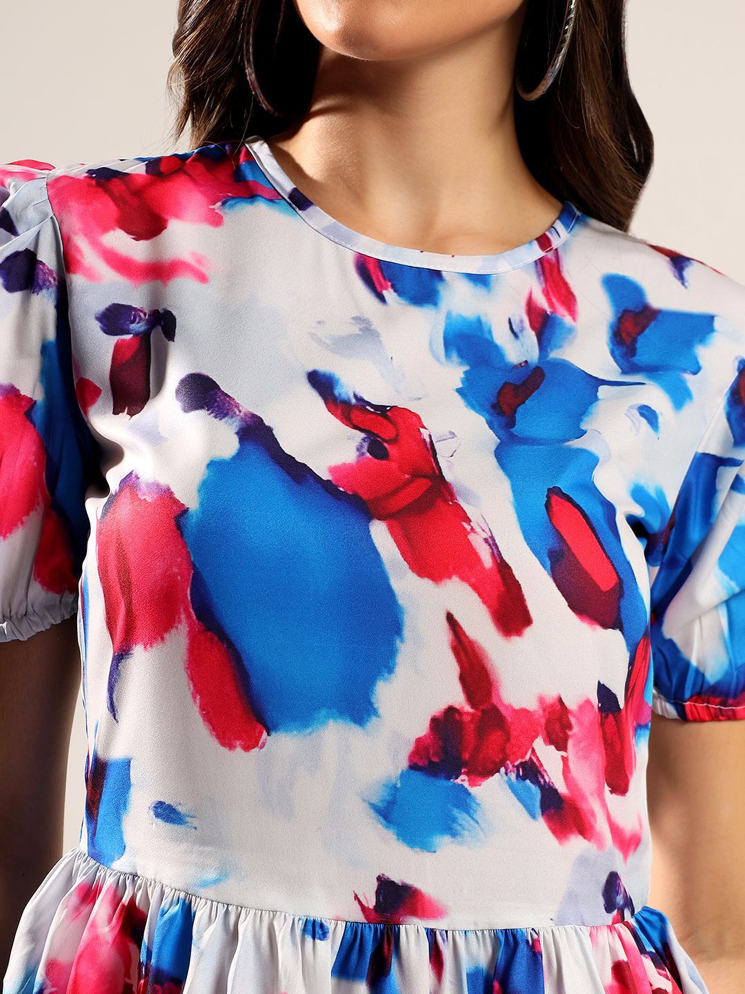 Kotty Women Abstract Printed Puff Sleeve Peplum Top