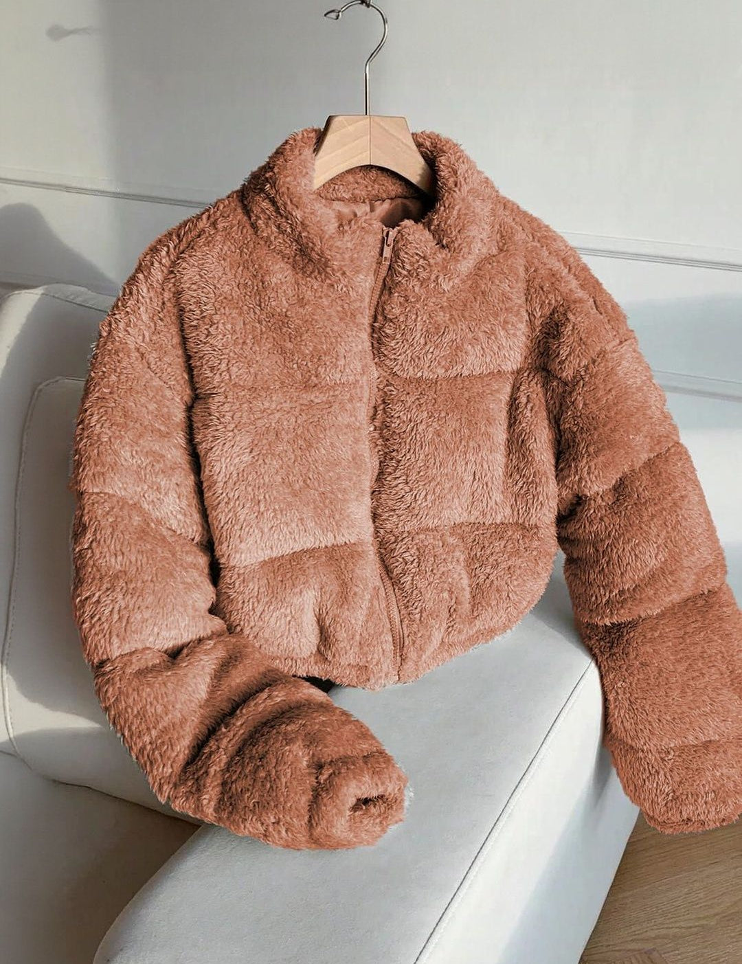 Kotty Women Cozy Double-Sided Teddy Fleece Crop Puffer Jacket