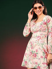 Kotty Women Print Bishop Sleeve Crepe Fit & Flare Dress