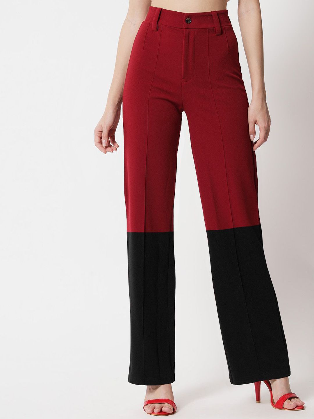 Kotty Women Colourblocked High-Rise Easy Wash Trousers