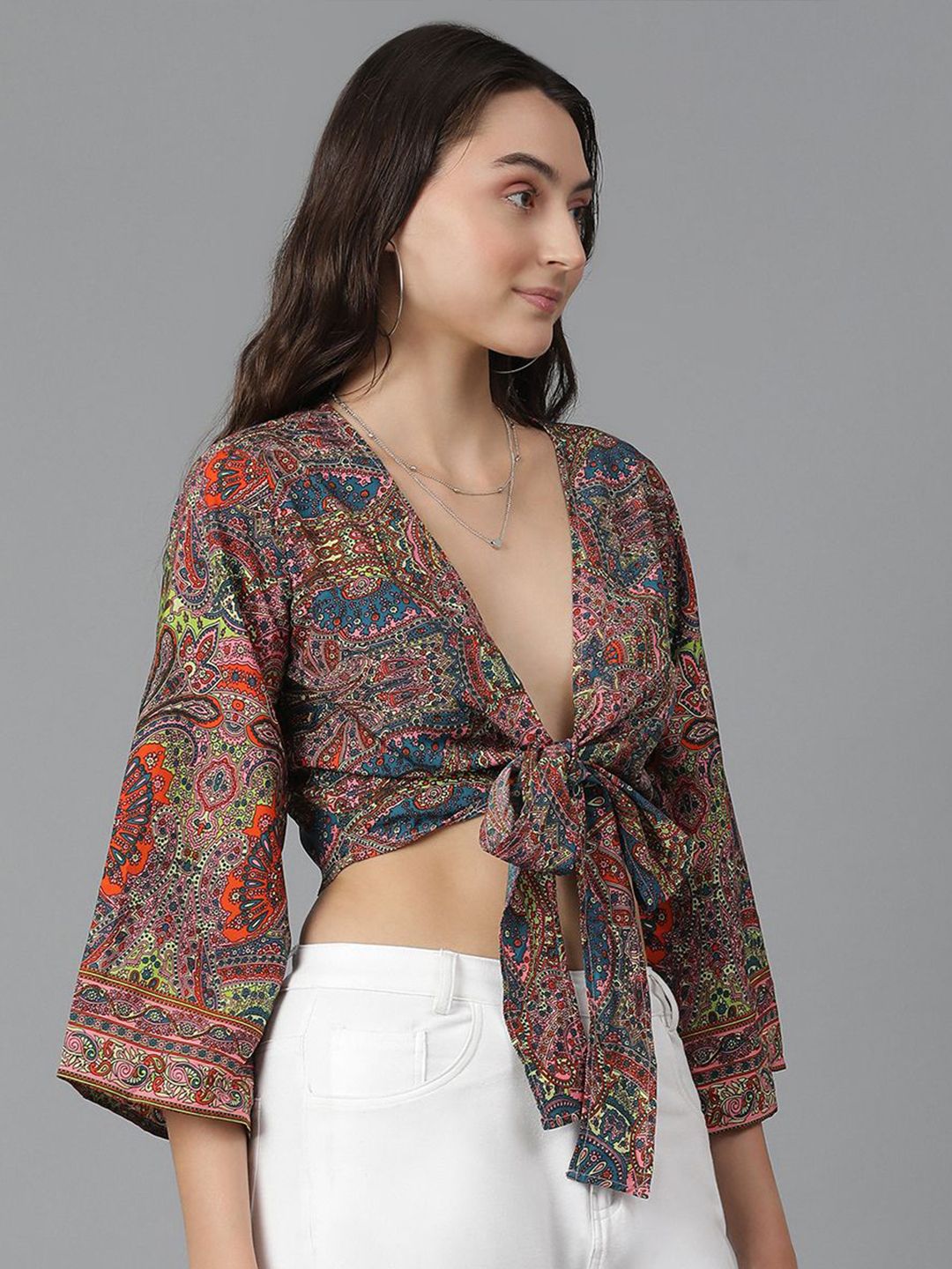 Kotty Floral Print Flared Sleeve Crop Top