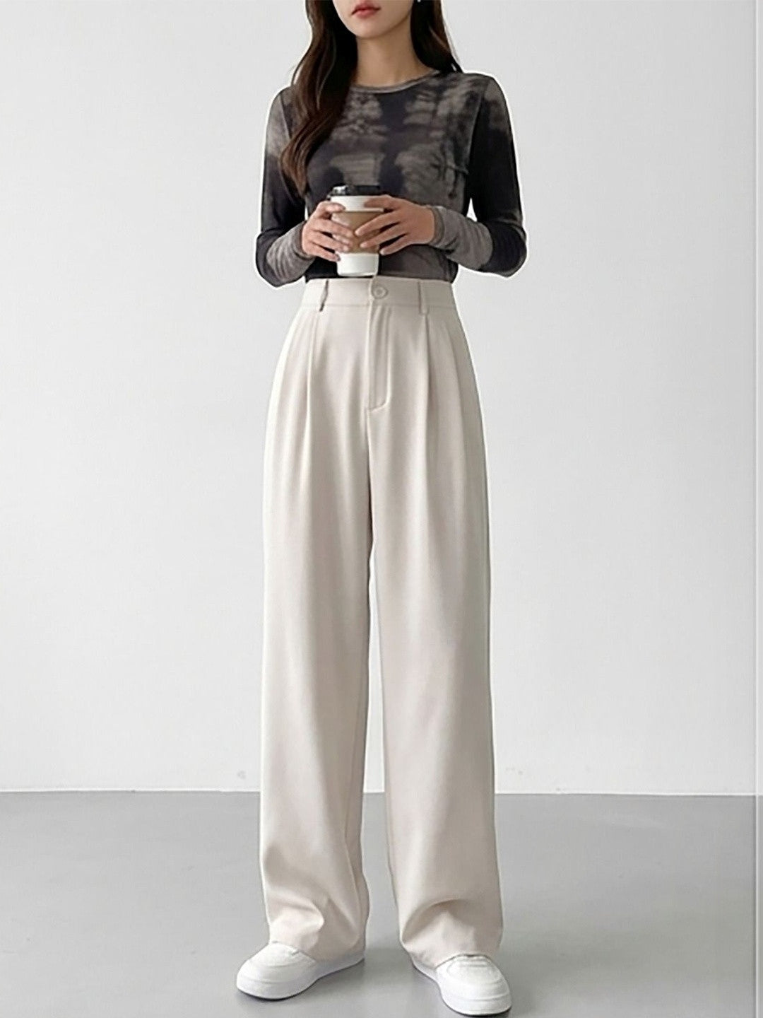 White Relaxed Fit High-Rise Trousers for Women | Kotty