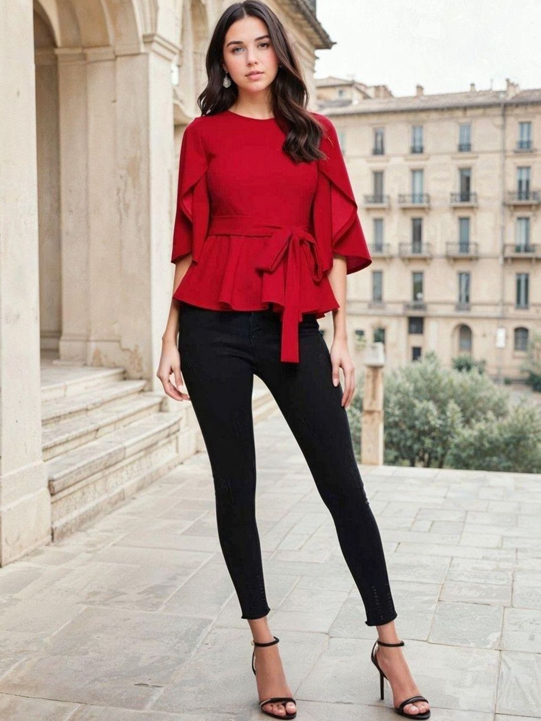 Kotty Women Round Neck Flared Sleeve Cinched Waist Top