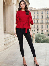 Kotty Women Round Neck Flared Sleeve Cinched Waist Top