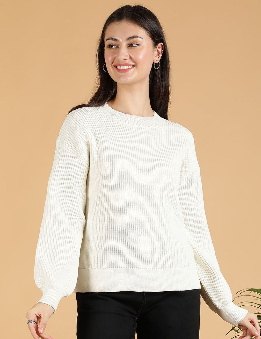 Kotty Women Cable Knit Cotton Ribbed Pullover