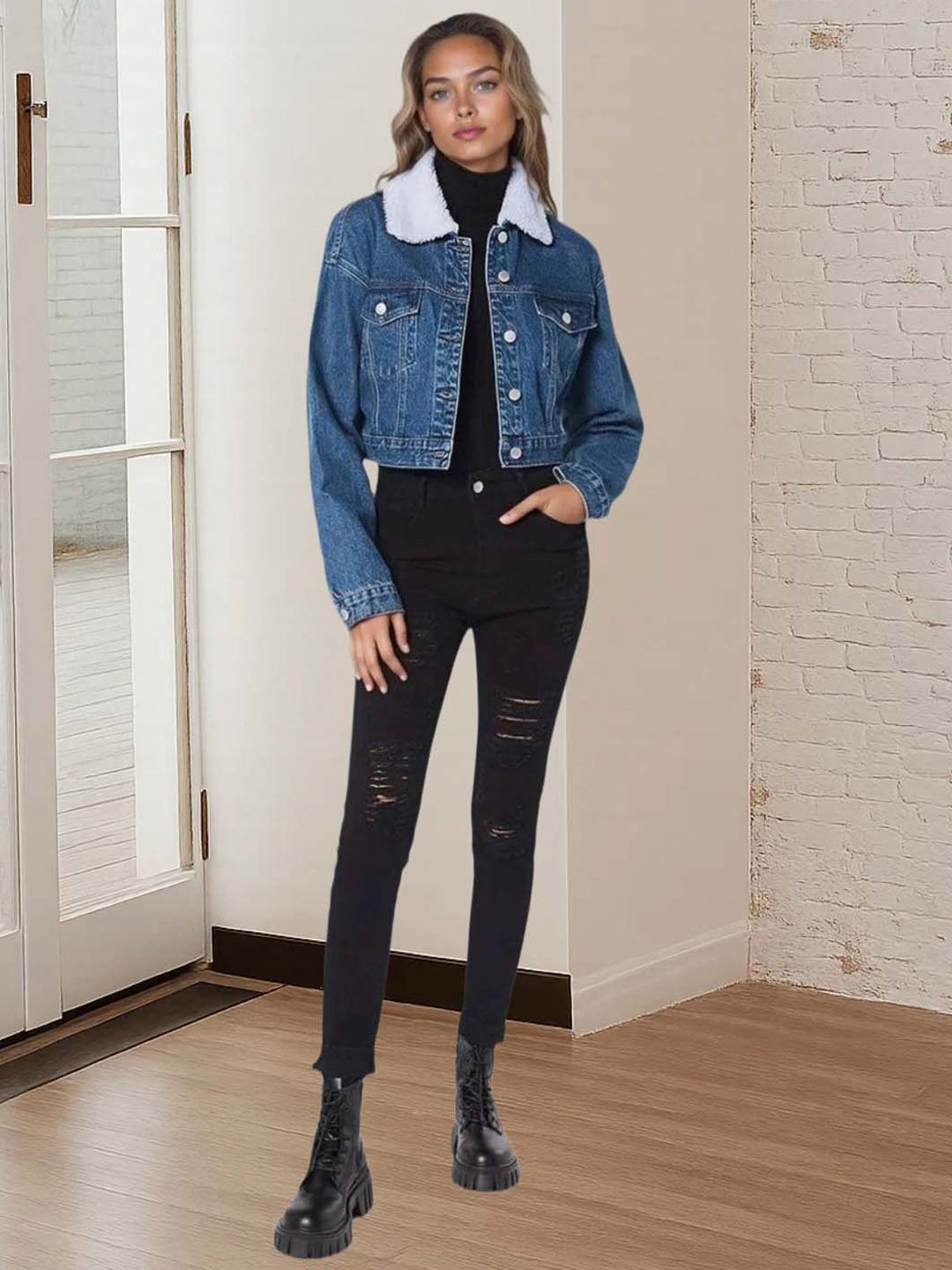 Kotty Women Spread Collar Solid Denim Jacket
