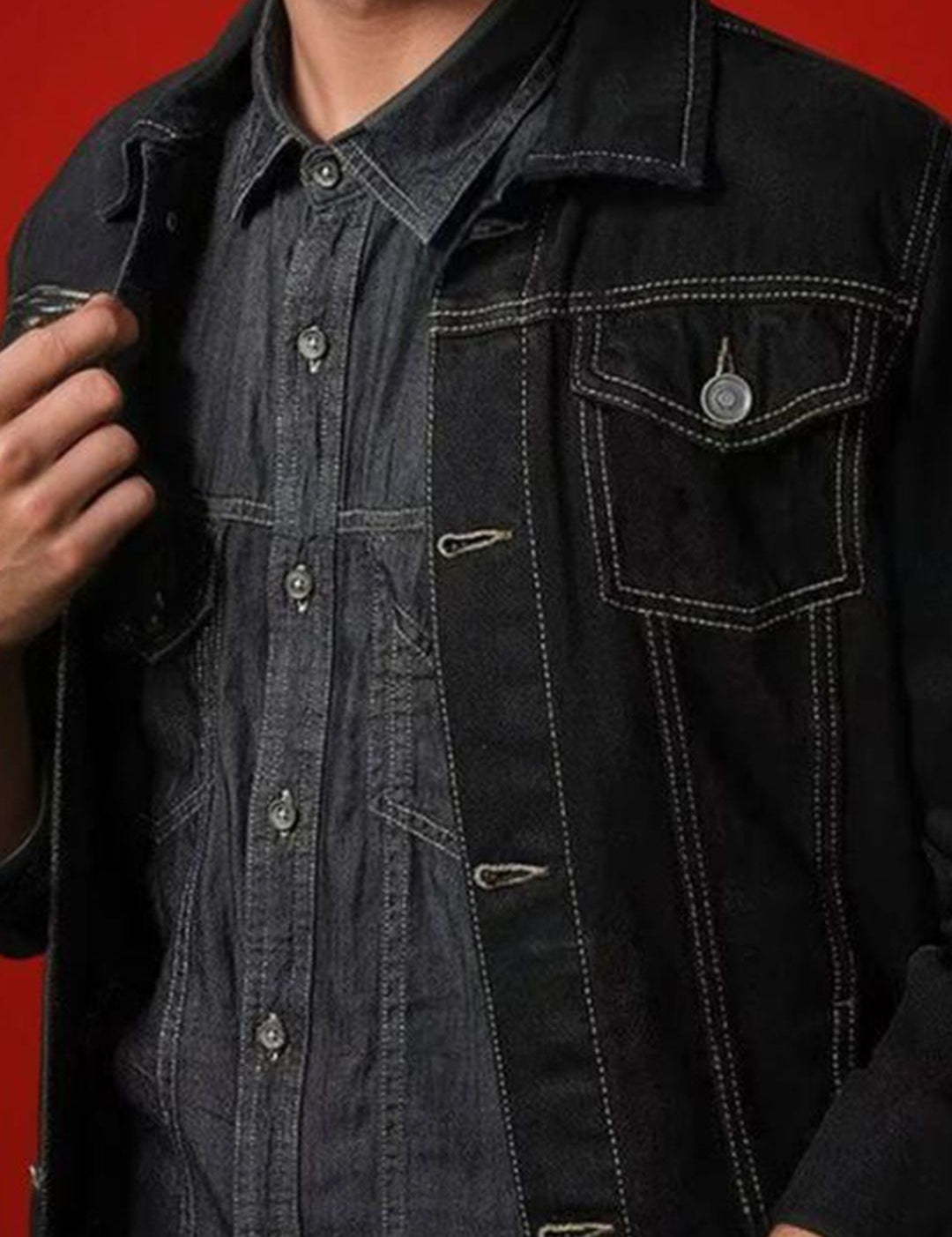 Kotty Men Spread Collar Solid Denim Jacket