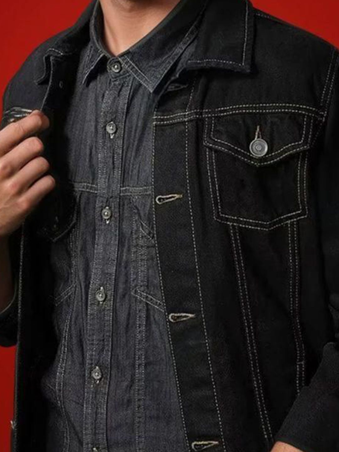 Kotty Men Spread Collar Solid Denim Jacket