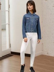 Kotty Women Spread Collar Solid Denim Jacket
